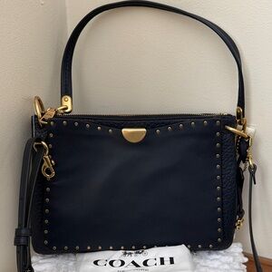 Coach Border Rivets Mixed Leather Handbag Brass Midnight Bue